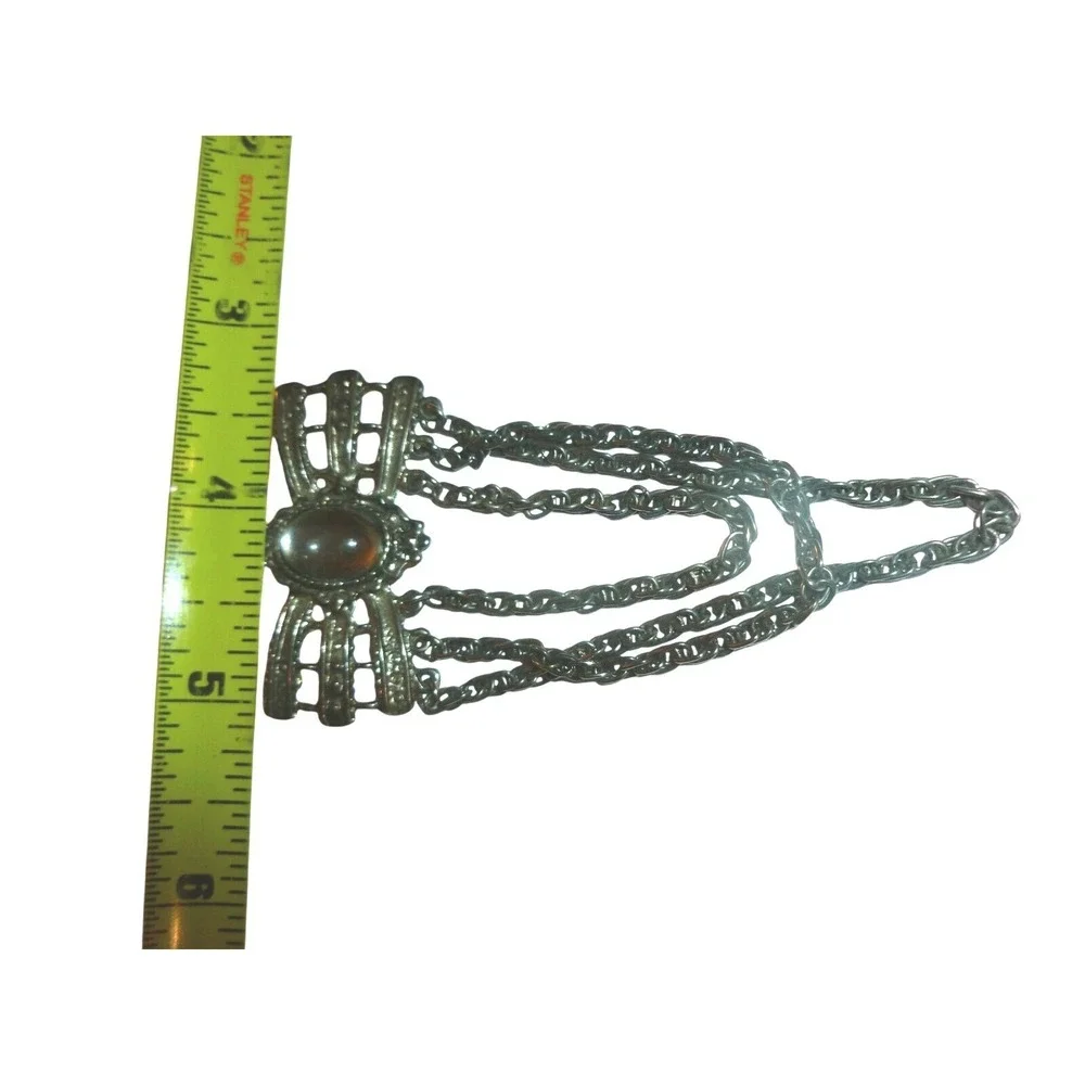 Vintage Silver Tone Bow Brooch‎ with Draping Chains and Faux Moonstone Cabochon